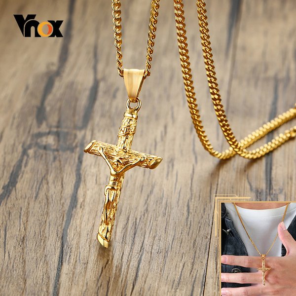 Vnox Kreuz-Halskette für Männer und Frauen, Katholizismus-Jesus-Anhänger, goldfarbener Edelstahl-Unisex-Halsband, Kirche, Gebet, Glaube, Schmuck