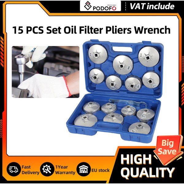 Podofo Kit de 15 Outils pour Filtre à Huile, Pince et Clé à Douille en Alliage d'Aluminium, Ensemble d'Outils pour le Démontage du Bouchon de Filtre à Huile de Type Cuvette pour la Réparation