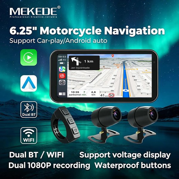 MEKEDE Tragbares 6,25-Zoll-Motorrad-GPS-Navigationssystem mit Wireless Carplay, Android Auto, Fahrtenschreiber, Moto-Monitor, IP67 wasserdicht, optionaler Dual-DVR