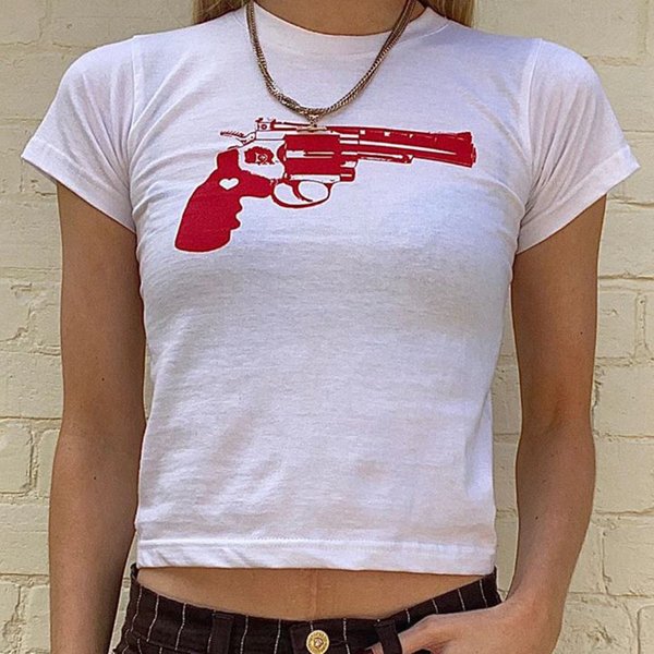 Women's Summer Skinny Crop Tops 2000s Gothic Grunge Print T-shirt Funny Short Sleeve Kpop Harajuku Streetwear Tees Y2k Clothes