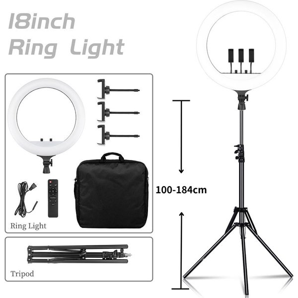 SH 18-Zoll-Knopf-Ringlicht, LED-Selfie-Videolampe mit Stativ, Telefonclip für YouTube Live-Beleuchtung, Fotofotografie, Studio