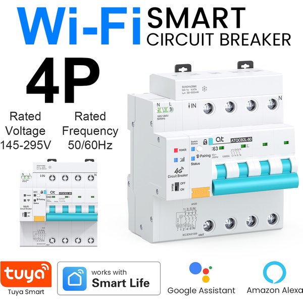 Disjoncteur intelligent AT Tuya Wifi avec mesure de consommation, RCBO 2P 3P 4P 1-63A réglable avec protection contre les fuites à la terre et contrôle à distance.