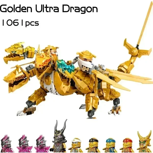 New Season Golden Ultra Dragon Building Blocks Tetraposaurus Four-headed Dragon Bricks Toys for Birthday Gifts