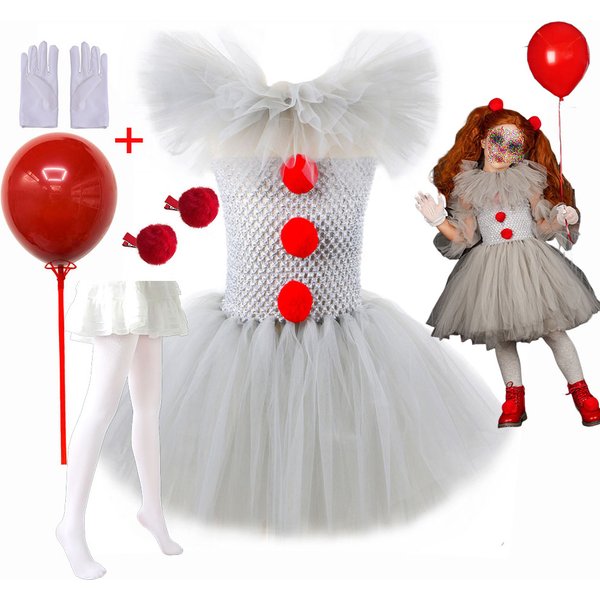 Pennywise Inspired Horrible Creature It Clown Tutu Dress Kids Joker Cosplay Costume with Hair Pin Gloves Girl Halloween Apparel
