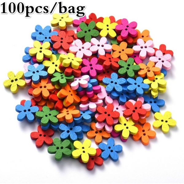 Lèvent Décoratifs en Bois à Fleurs Mélangées, Adaptés à la Couture, réinitialisation Arts et Artisanat, Multicolore 14x15mm, 2 Trous, 100 Pièces