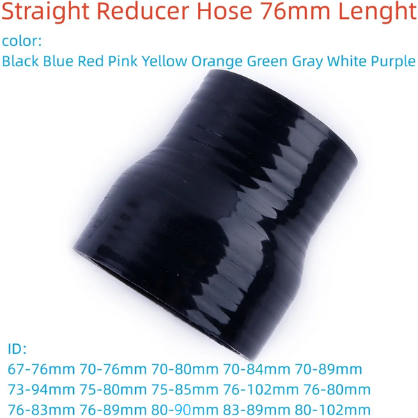 Tuyau réducteur droit noir 3 plis, longueur 76 mm, diamètre intérieur 67 mm, 70 mm, 73 mm, 75 mm, 76 mm, 83 mm, 85 mm, 90 mm, 102 mm, en silicone pour liquide de refroidissement et intercooler