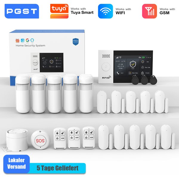 PGST Schutzsystem Einbruchalarmanlage WiFi 2G GSM Works with Tuya Smart Life kabelloses Sicherheitskomplettpaket kompatibel mit App Wohnung Wohnungserkennung einfache Bedienung