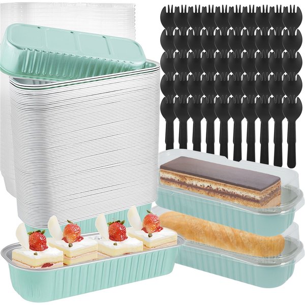 50-teiliges Mini-Kuchenpfannen-Set mit Deckel und Gabel, Löffel, 200 ml, Folie, rechteckig, Backförmchen, Aluminiumfolie, Laibpfannen, tragbare Folie, Brot