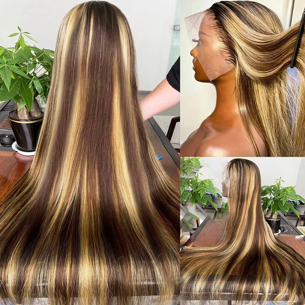 Perruque en cheveux humains 220% Highlight, Lace Front 13x4, lisse, pré-épilée, couleur 4/27, brésilienne, avec dentelle frontale HD