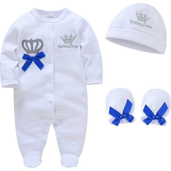 Nouveau-né bébé garçons barboteuse couronne royale Prince 100% coton ensemble de vêtements avec casquette gants infantile fille une pièce chaussures de nuit