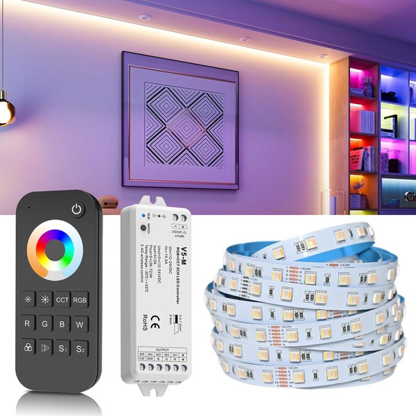 Bande LED RGB + CCT, 5M, 10M, 20M, 24V, 5050SMD, puce 5 en 1, RGBCW, plafonnier à intensité variable, décoration de fête, 2.4G RF, télécommande noire