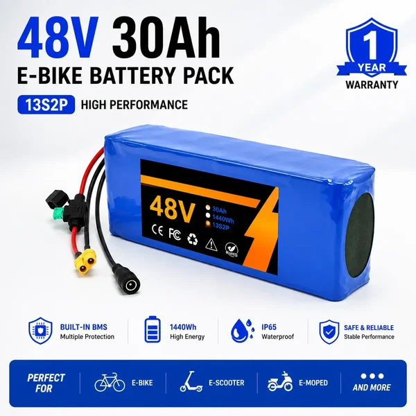 E-Bike-Akkupack 13S2P 48V 30Ah Lithium-Ionen-Akku mit intelligentem Schutzsystem für Elektroroller, Motorräder und DIY-Elektrofahrzeuge