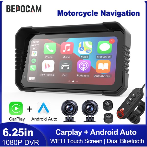 BEPOCAM 5"/6.25" Motocyklowy GPS Nawigacja DVR Carplay Ekran dla Moto Podwójne Kamery Rejestrator Jazdy IPX7 Wodoodporny Monitor Moto