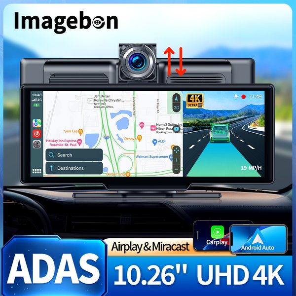 Imagebon 10,26" 4K ADAS Wireless CarPlay & Android Auto Dashcam 5G WiFi Nachtsicht GPS Navigation AI Sprachsteuerung Auto DVR