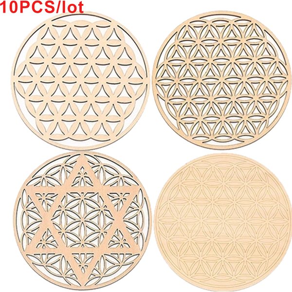 10 Stück Chakra-Blume des Lebens, natürliches Symbol, Holz, runde Kante, Kreise, geschnitzter Untersetzer für Stein, Kristall-Set, DIY-Dekor, Matten, Pads