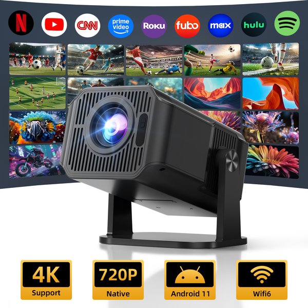 Tragbarer HA108 Projektor, nativer 720P, 150 ANSI, Android TV, WiFi 6, unterstützt 4K-Dekodierung, Bluetooth 5.0, Trapezkorrektur, eingebauter Lautsprecher, Outdoor-Filmprojektor