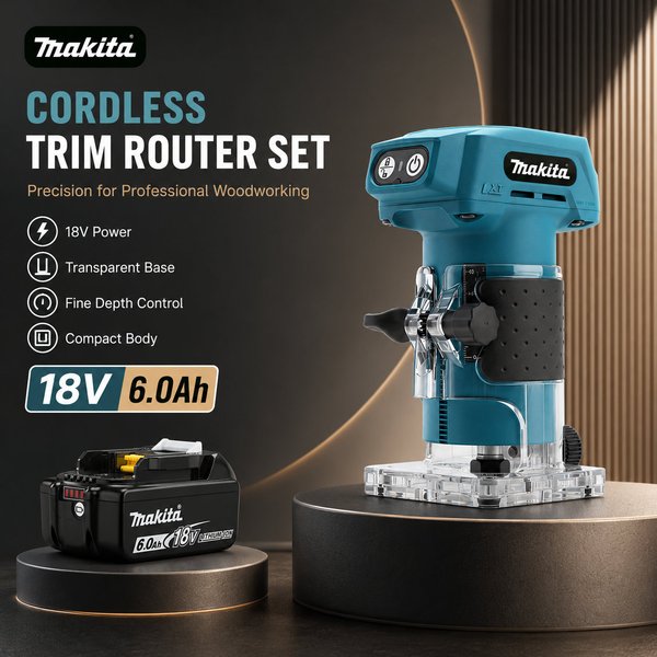 Makita DRT52 18V LXT Lithium-Ionen Akku-Kompaktfräse mit praktischer Tiefenverstellung für einhändiges Holzprofilieren, Zapfenfräsen, dekorative Schnitte und Tischlerarbeiten in Werkstatt- und