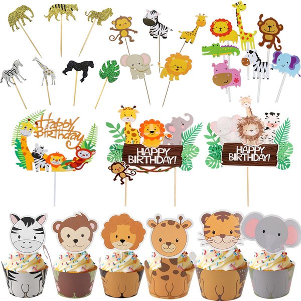 Décoration de gâteau animaux Safari, dessin animé girafe Lion zèbre, emballage de Cupcake sur le thème de la Jungle, décoration de fête de 1er anniversaire sauvage pour enfants garçons