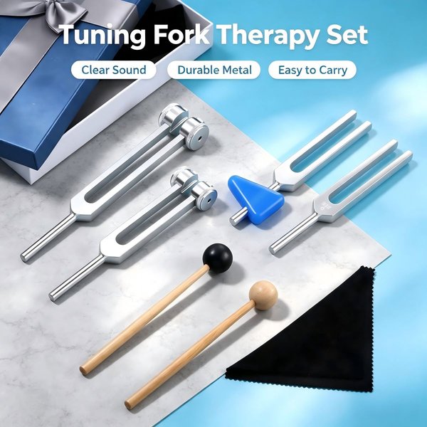 4x Stimmgabel-Set 128/256/512/528Hz – Klangtherapie-Instrumente für Therapie, Meditation, Kristallreinigung, mit Etui & Hammer