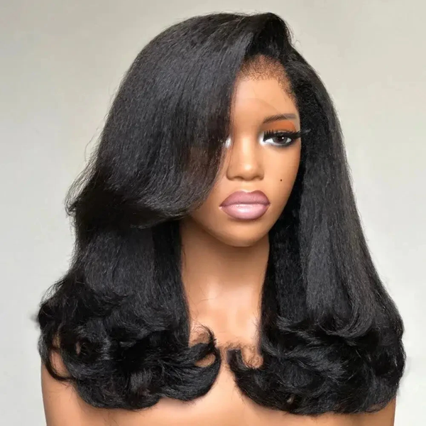 Perruque Yaki lisse et crépue ondulée, Double Texture, corps doux, 26 pouces de Long, densité 180%, sans colle, avec cheveux de bébé, pour femmes noires