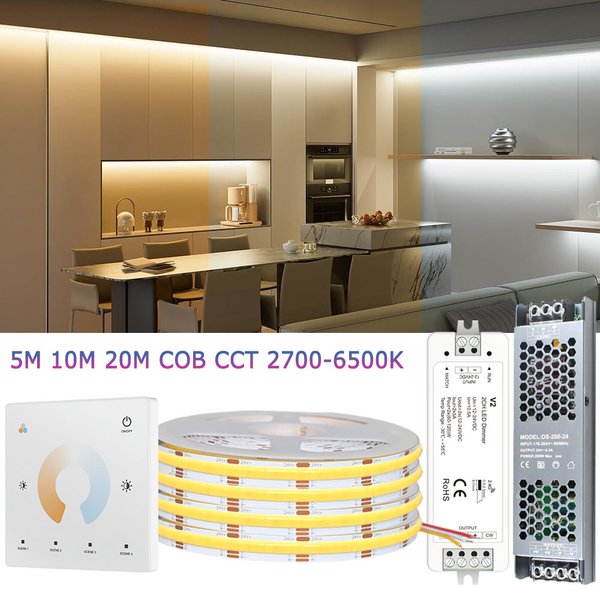Bande LED COB CCT 5M 10M 20M 24V Flexible Haute Densité Dimmable pour Éclairage de Pièce, Télécommande Tactile RF 2.4G, Double Blanc 2700K-6500K