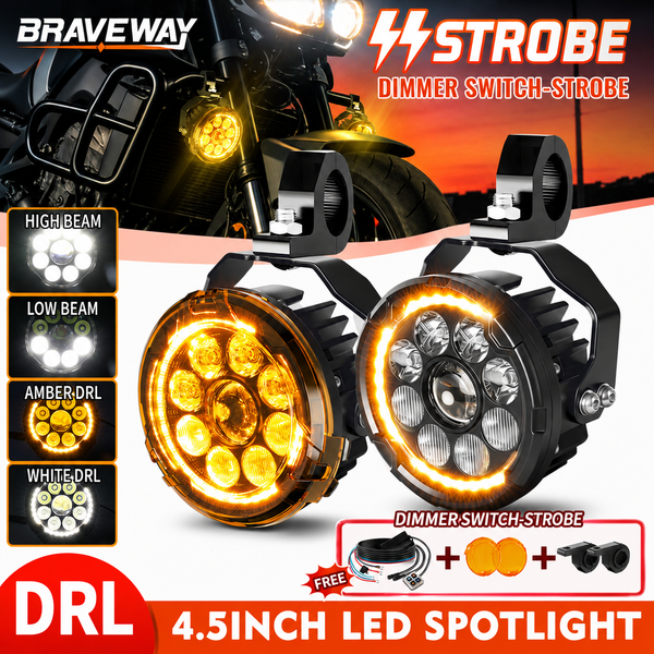 BraveWay Phare auxiliaire LED pour moto 4,5 pouces, combiné faisceau spot et large, blanc et ambre, DRL, IP68, 12-24V, phare antibrouillard, projecteur stroboscopique avec kit de câblage, masque jaune