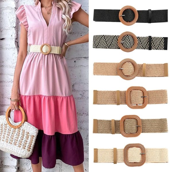 Mode Frauen pp Stroh gürtel böhmischen breiten elastischen Hüftgurt geflochtenen Taillen gürtel Sommer lässig Stoff Taillen gürtel Bekleidung Accessoires