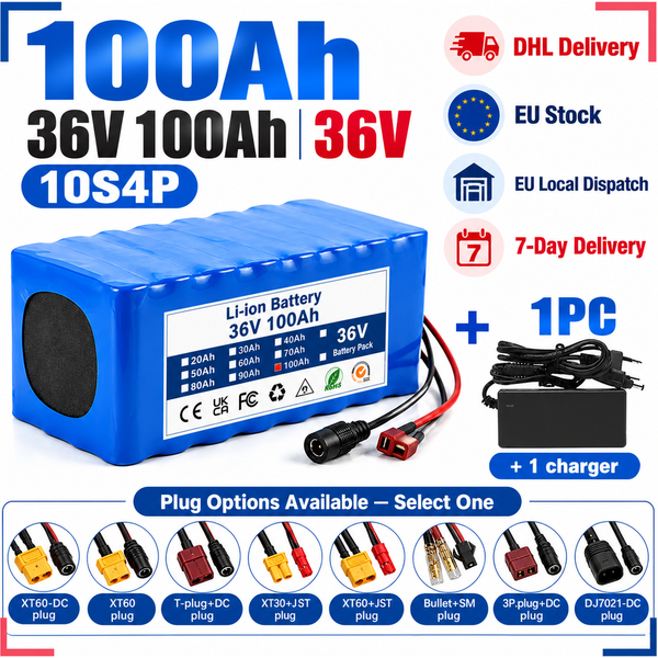 36V 100Ah 10S4P Li-Ionen-Akku-Pack mit optionalem Ladegerät und verschiedenen Anschlussmöglichkeiten für Elektrofahrräder, Scooter, Rollstühle, Solarstromspeicher und Roboterausrüstung