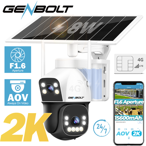 2K 4G Solar-Sicherheitskamera für den Außenbereich, Dual-Lens-Spotlight, Farbnachtsicht, AOV 24/7-Aufnahme, mit SIM, 8W 15600mAh GENBOLT