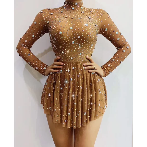 Tenue de brevà Col Haut pour Femme, Tenue de Soirée en Boîte de Nuit, Strass, Robe de Bal d'Anniversaire, Robes Courtes Transparentes