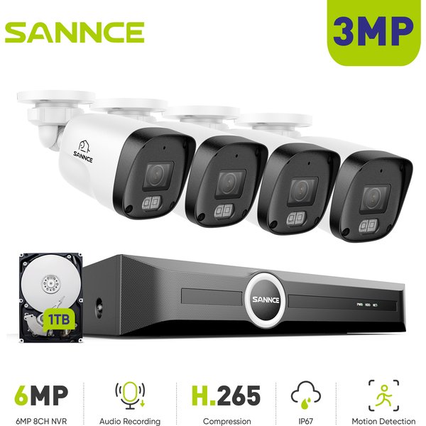 SANNCE 8CH NVR 3MP Security Camera System 4pcs PoE IP Cameras 24/7 Recording 1/2/4TB HDD Smart Detection H.265 Video Recorder