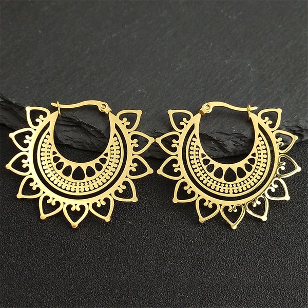 Boucles d'oreilles ethniques tribales indiennes Mandala en acier inoxydable pour femmes, couleur or, motif fleur de lotus, bijoux indiens Aretes