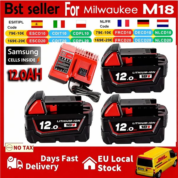 Passend für Original Milwaukee Akku 18V 12AH M18HB8 Hochfunktionsakku, 6AH 12AH M12-18FC Ladegerät 48-11-1812,48-11-1850,48-11-1852
