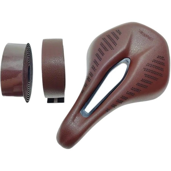 Selle de vélo rétro VTT 155 mm avec ruban de guidon, couleur marron / rails de selle en acier pour vélo de route et cyclisme