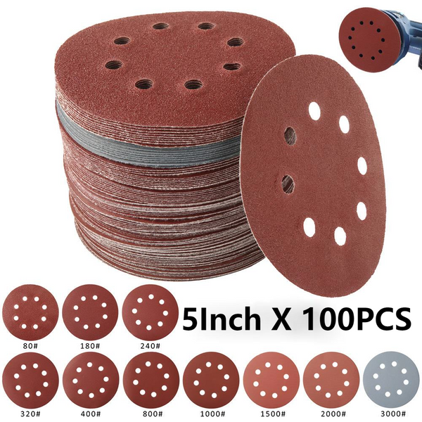 100Pcs 125mm Sandpaper Round Shape Sanding Discs Hook Loop Sanding Paper Buffing Sheet Sandpaper 8 Hole Sander Polishing Pad