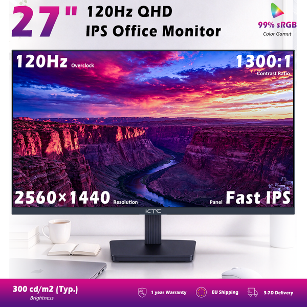 KTC H27T27 Office Monitor, 27inch 2560×1440 2K QHD Fast IPS Screen, 120Hz OC Refresh Rate, 99% SRGB, HDR, FreeSync & G-Sync Compatible, Low Blue Light & Flicker-Free, Adjustable Tilt Stand, 100×100mm