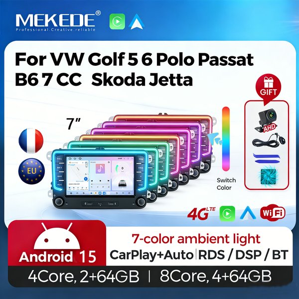 MEKEDE 7'' 2 Din Android 15 Carplay sans fil 4G 64G Autoradio USB Type-C pour Volkswagen VW Golf Passat JETTA Polo Tiguan Skoda Octavia SEAT Leon 4G Wifi Multimédia Vidéo GSP Navigation Système