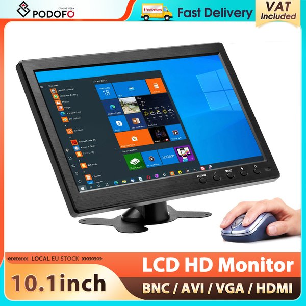 Monitor samochodowy Podofo 10.1'' LCD z głośnikiem/BNC/AVI/VGA/HDMI, mini telewizor i wyświetlacz komputerowy, 2-kanałowe wejście wideo, monitor bezpieczeństwa.