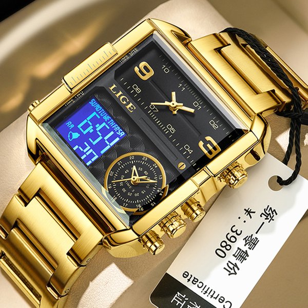 LIGE Top marque de luxe mode hommes montres or acier Sport carré numérique analogique grande montre à Quartz pour homme Relogio Masculino + boîte