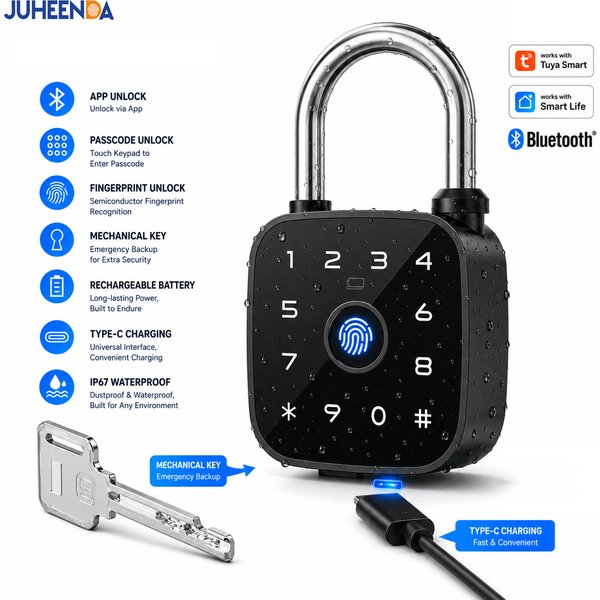 Tuya Bluetooth Fingerprint Padlock Rechargeable Digital Luggage Lock Password IP67 Waterproof Outdoor Security Electronic Lock