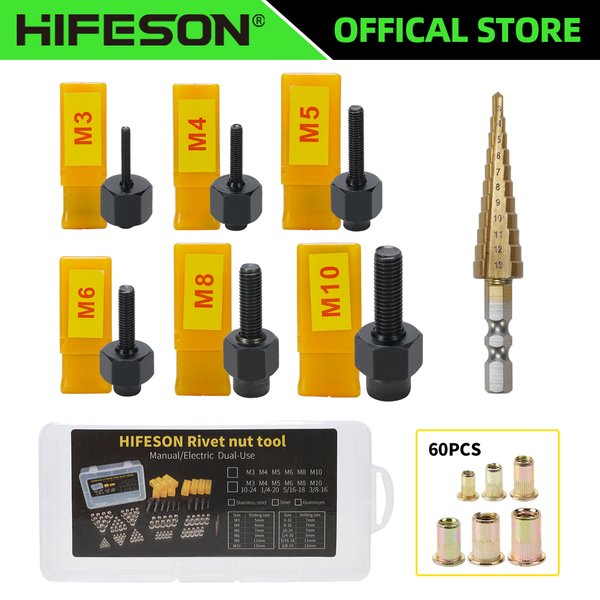 HIFESON Nietmuttern-Werkzeug, Handmuttern, Nietmutter-Werkzeug mit Stufenbohrer-Zubehör, Nietmuttern für Muttern M3, M4, M5, M6, M8, M10