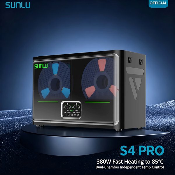SUNLU S4 Pro 3D Filament-Trockner 380W PTC Dual-Zone 85 ° C Annealing Auto Humidity 4 Spulen für ABS PLA PETG PA Nylon Filament Trockner