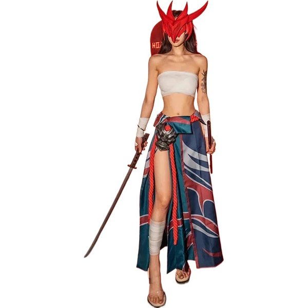 Yone Cosplay Kostüm Perücke Maske Anime Uniform Zubehör Halloween Karneval Party Komplettset für Männer Frauen Doppelseitig bedrucktes Kleid