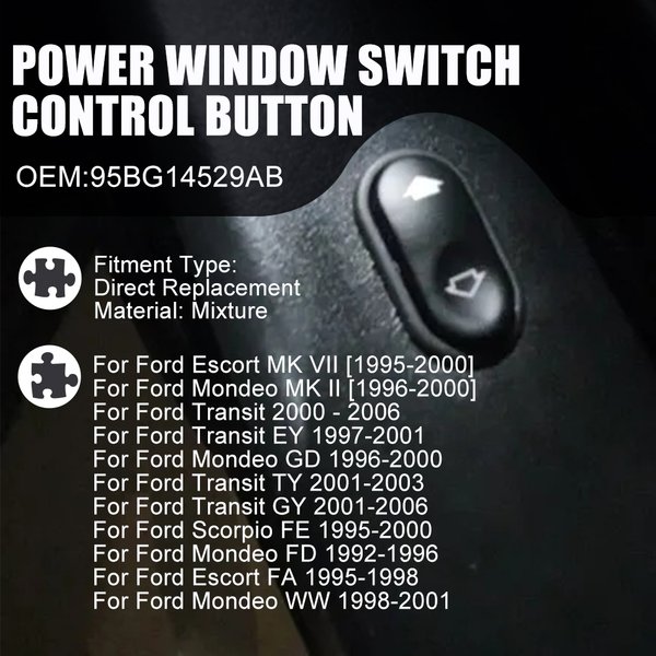 NEUER grüner Fensterheberschalter für Beifahrerseite für Ford Escort MK VII Mondeo MK II Transit Scorpio 95BG14529AB