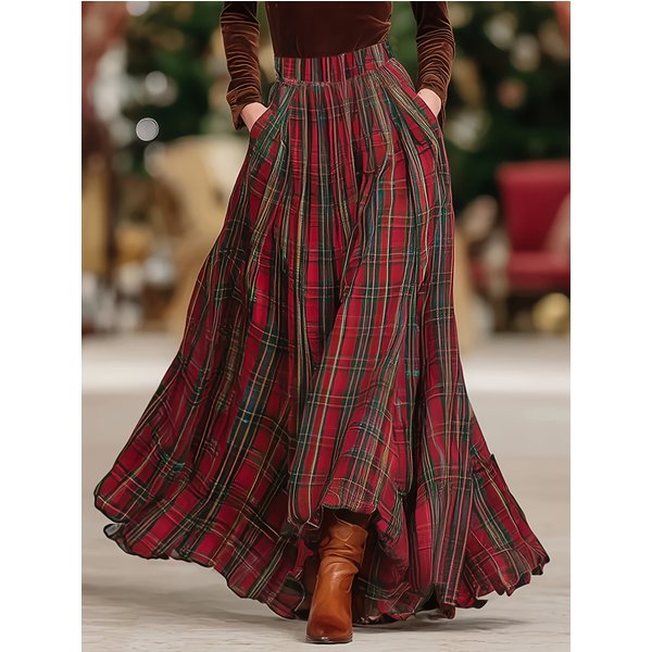 Eleganter Retro-Karorock für Damen in Übergröße mit elastischem Bund, ohne Gürtel, für alle Jahreszeiten geeignet, perfekt für den Alltag und den Arbeitsweg.