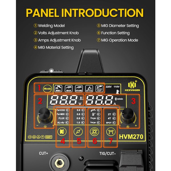 HZXVOGEN HVM270 6-in-1-Schweißgerät Aluminium-Schweißmaschine Digitaler Inverter 220V Gas-MIG Gasloses MIG HF TIG MMA Plasmaschneider 2T/4T-Funktion für Edelstahl Aluminiumlegierung