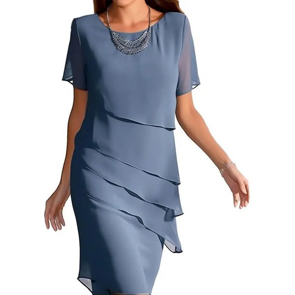 Robe de soirée pour femme printemps-été, mode streetwear, en mousseline de soie, manches courtes, col rond, superposée, asymétrique, couleur unie