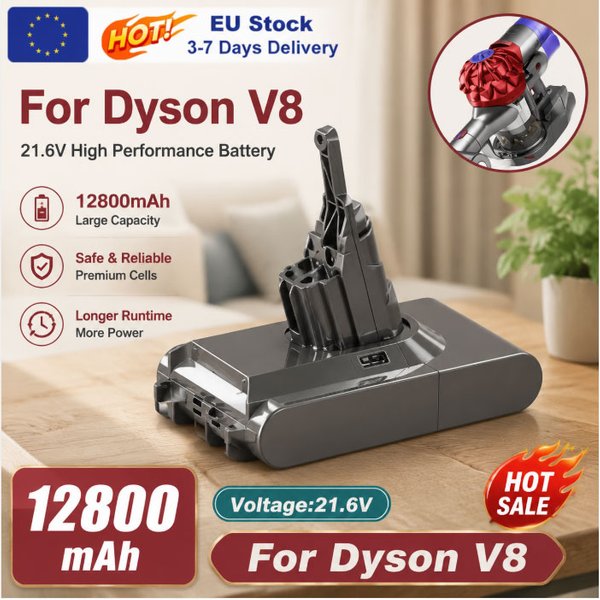 EU-Lagerbestand: 21,6V Hochleistungs-Lithium-Ersatzakku für Dyson V8 Staubsauger, 9800mAh 12800mAh wiederaufladbarer Li-Ionen-Akku, passend für kabellose Staubsauger der V8-Serie
