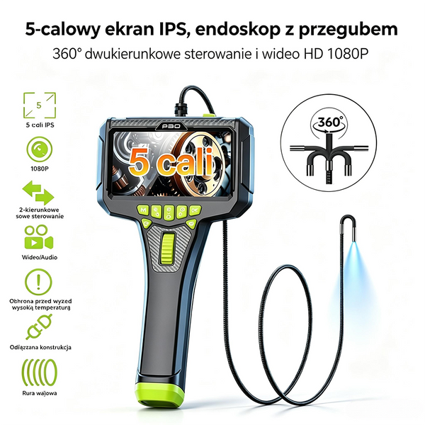 Ekran IPS 5,0 cala, Endoskop przemysłowy, Dwukierunkowy przegub 360°, Boroskop, Kamera inspekcyjna, Kamera węża,HD 1080P, Wodoodporność IP67,Półsztywny kabel, Światło LED, Silnik samochodowy,Korozja