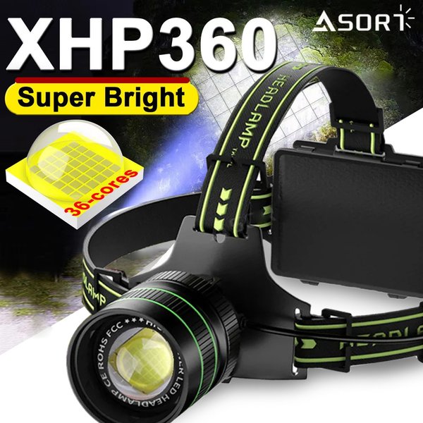 Najmocniejsza latarka czołowa LED XHP360, 36 diod, z zoomem, ładowana przez Type-C, z czujnikiem gestów, do użytku na zewnątrz, na kemping i wędkowanie.